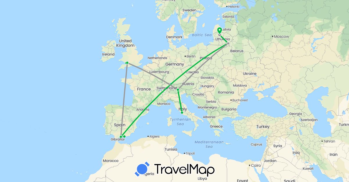 TravelMap itinerary: driving, bus, plane in Spain, United Kingdom, Italy, Lithuania (Europe)